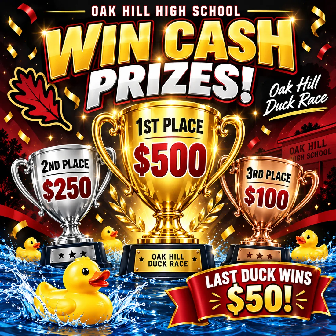 Oak Hill Duck Race cash prizes: 1st Place $500, 2nd Place $250, 3rd Place $100, and Last Duck $50