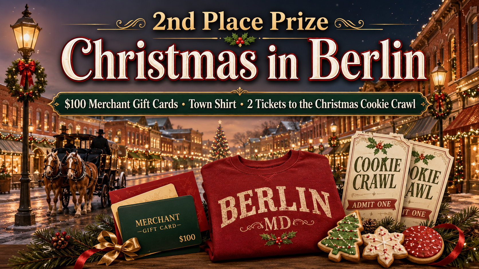 2nd Place Prize - Christmas in Berlin - $100 Merchant Gift Cards, Town Shirt, and 2 Tickets to the Christmas Cookie Crawl